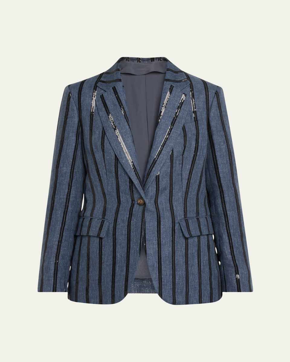 Paillette Striped Denim-Effect Linen Single-Breasted Blazer